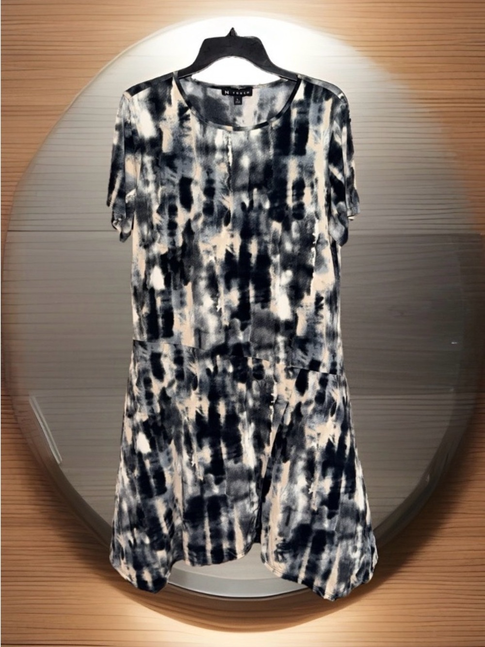 N Touch Tie-Dye S S Dress in Black, Cream, & White w/Asymmetric Hem Lines-L-EC